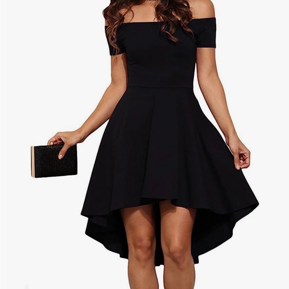 Sarin Mathews Womens Off The Shoulder High Low Cocktail Skater Dress black